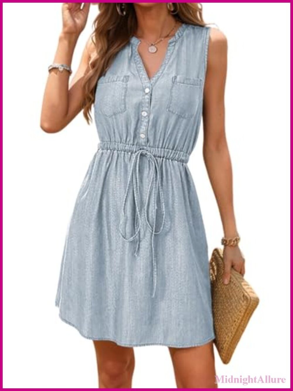 Lightweight Jean Dress V Neck Sleeveless Button Down Drawstring Mini Summer